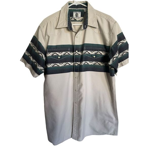 Corral West Ranch 1990s Wear Mens Beige Aztec Button-Up Short Sleeve Shirt Size - Picture 1 of 16